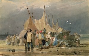 Vissersvolk op een Strand, een Storm nadert door Richard Parkes Bonington