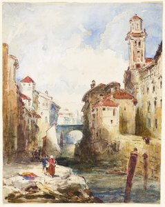 Franse stad, gebouwen en rivier door Richard Parkes Bonington