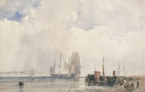 Schepen in een estuarium, waarschijnlijk nabij Quilleboeuf door Richard Parkes Bonington