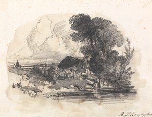 Bomen en een huisje bij een rivier door Richard Parkes Bonington