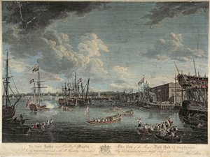 Uitzicht op de Koninklijke Scheepswerf in Deptford, gegraveerd door William Woollett, gepubliceerd 1 juli 1793