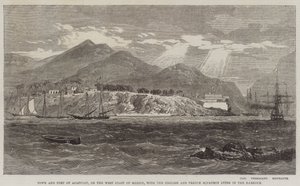 Stad en Fort van Acapulco, aan de Westkust van Mexico, met het Engelse en Franse Eskader in de Haven