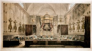 Uitzicht op het Hogerhuis, het hogerhuis van het Parlement van Groot-Brittannië (Gravure)