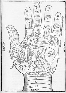 Illustratie van een hand met chiromantische lijnen en details uit Saunders Physiognomie, uitgegeven 1671 (gravure)