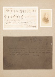 Handgeschreven muzikale notitie gemonteerd met carte-de-visite foto van Wagner en een herkomstnotitie