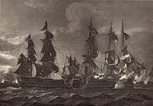 HMS Captain aan boord van de San Nicholas en de San Josef, illustratie uit 