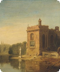Een meer met een paviljoen en een standbeeld, Italië