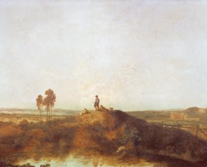 Een vijver met figuren op een heuveltje
