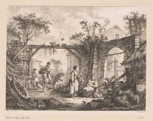 Gezicht op een binnenplaats met een doorkijk door een poort naar een huis door Richard de Saint Non