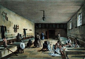 De Officiersbaden in het Militair Hospitaal van Bourbonne les Bains, midden 19e eeuw