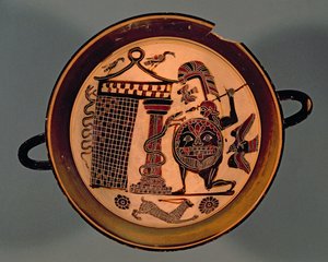 Laconische zwartfigurige beker met een krijger die een slang aanvalt, 6e eeuw v.Chr. door Rider Painter