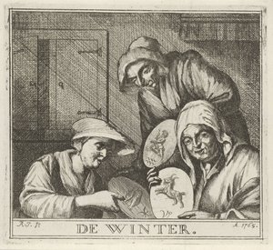 Interieur met drie boerinnen door Rienk Jelgerhuis