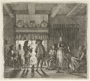 Interieur met figuren bij open haard door Rienk Jelgerhuis