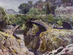 De oude brug, Bettws-y-Coed (kleur litho)