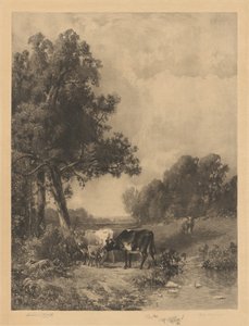 Zonder titel (Koeien en kalveren bij een stroom) door Robert A. Eichelberger