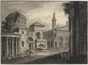 Architectonische fantasie van een oude stad met een plein en veel gebouwen, sommige gedeeltelijk in verval door Robert Adam