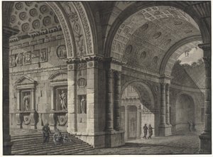 Architectonische fantasie van het interieur van een oud gebouw met gedeeltelijk verwoeste gewelven door Robert Adam