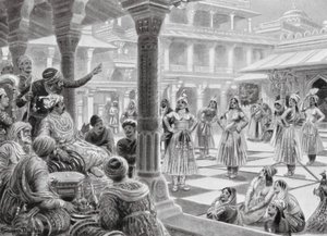 Akbar speelt dammen met levende stukken in Fatehpur Sikri