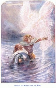 Christen en Hoopvol steken de rivier over, uit De Pelgrimsreis gepubliceerd door John F Shaw & Co door Robert Ambrose Dudley
