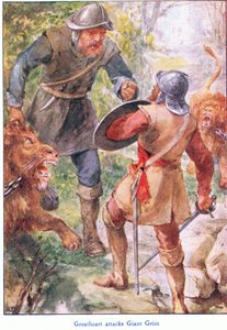 Great Heart valt Giant Grim aan, uit The Pilgrims Progress gepubliceerd door John F Shaw & Co, ca. 1900