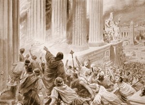 De brand van de bibliotheek van Alexandrië in 391 AD, illustratie uit 
