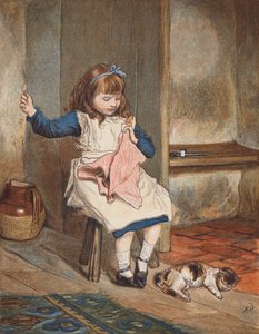 Meisje dat naait met een kat aan haar voeten door Robert Barnes