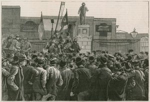De grote staking van dokwerkers in het oosten: de heer John Burns spreekt de stakers toe bij de poorten van de East en West India Docks