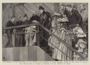 De opening van de nieuwe vleugel van het Kinderziekenhuis in Great Ormonde Street door de Prins van Wales, de presentatie van beurzen door kinderen aan de Prinses van Wales