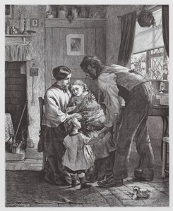 Het zieke kind (gravure) door Robert Barnes
