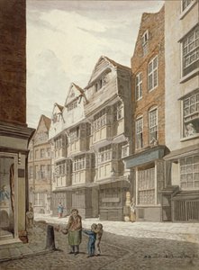 Zuidwestelijk uitzicht op een oud vakwerkhuis in Ship Yard, Westminster, Londen, 1815 door Robert Blemmell Schnebbelie