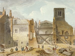 Uitzicht op de sloop van het Savoy Palace, Westminster, Londen door Robert Blemmell Schnebbelie