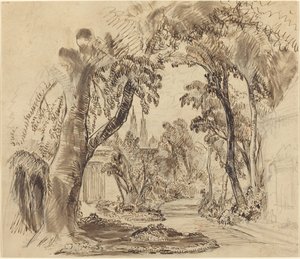 Een Met Bomen Omzoomd Tuinpad (Voorlopige Schets voor "Doornroosje en het Beest"?) door Robert Caney