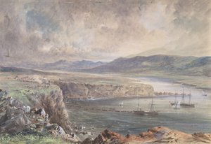 Foilhummerum Bay, Valentia, gezien vanaf Cromwell Fort: De Caroline en boten door Robert Charles Dudley