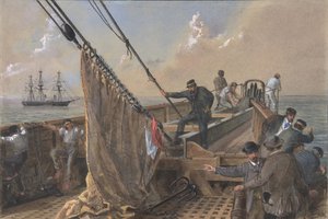 Voordek van de Great Eastern vrijgemaakt voor de eerste poging om te grijpen, 1865-66
