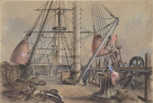 Een van de grote boeien eruit halen: Het dek van de Great Eastern kijkend vanaf... (1865-66)