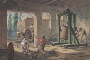 De spoelen van gutta-percha bedekte geleidingsdraad vervoerd in tanks bij de werken..., 1865-66
