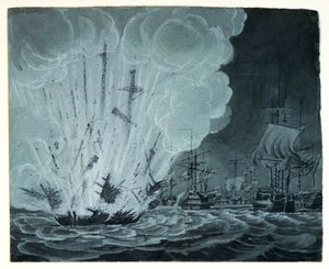 Schip, ontploffend, tijdens de slag bij de Nijl