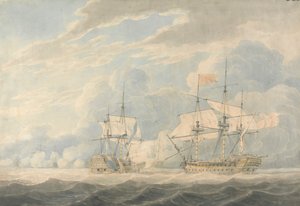 De Nederlandse vice-admiraal onder admiraal De Winter strijkt zijn vlag voor de Engelse vice-admiraal Onslow onder admiraal Duncan bij de Slag bij Camperdown, 11 oktober 1797 door Robert Cleveley