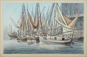 Uitzicht op Billingsgate kade met boten op het water, City of London door Robert Clevely