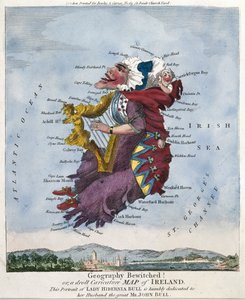 Geografie betoverd! of, een grappige karikatuurkaart van Ierland. Dit portret van Lady Hibernia Bull is nederig opgedragen aan haar echtgenoot de grote Mr John Bull. [ca. 1796]