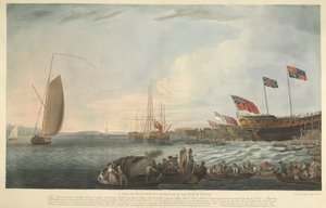 Een uitzicht op Blackwall, met een deel van de scheepswerf, bij de tewaterlating van de Bombay Castle, 74 kanonnen, gebouwd op kosten van de Hon. East India Company en door hen aan Zijne Majesteit gepresenteerd in juni 1782 door Robert Dodd