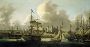 Zeilen in Londen, beschrijving van de Tower of London aan de linkerkant, verschillende boten van alle maten illustreren de grote rivieractiviteit op de Theems