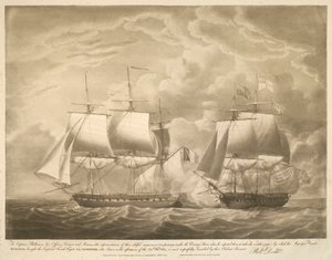 Aan Kapitein Phillimore, zijn Officieren, Matrozen en Mariniers, deze voorstelling van hun bekwame manoeuvre (door onder de Achtersteven van de Vijand door te varen toen hij verwachtte dat ze de weerstand zouden innemen) waardoor het Fregat EUROTAS van Zij door Robert Dodd