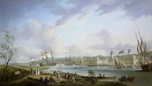 Uitzicht op Greenwich, beschrijving van de Theems en activiteiten op de oevers, evenals van de riviernavigatie, onderhevig aan het belang van de getijden. Olieverf op doek