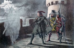 Hamlet ziet de geest van zijn vader op de kantelen van Elsinore Kasteel