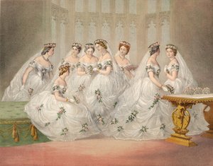De bruidsmeisjes (chromolitho) door Robert Dudley