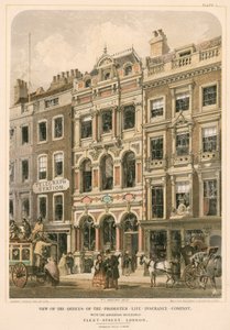 Gezicht op de kantoren van de Promoter Life Insurance Company met de aangrenzende gebouwen, Fleet Street, Londen (kleurenlitho) door Robert Dudley