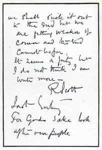 Laatste pagina van het dagboek van poolonderzoeker Robert Falcon Scott, leider van de noodlottige Britse expeditie naar de Zuidpool, 29 maart 1912 (litho)