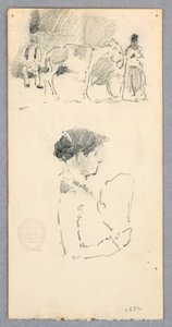 Tekening, Scène met ezel en twee figuren; vrouw met waaier, 1882