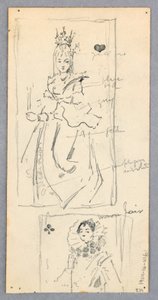 Tekening, Straatbeeld, Italië (recto); Twee ingelijste afbeeldingen van vrouwen op speelkaarten (verso), 1882